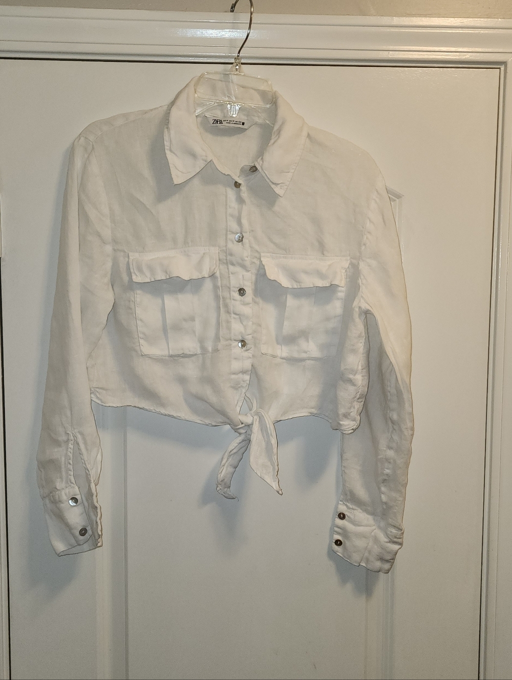 Zara White Long Sleeve Button Up Tie-Front Crop Top Sz M 100% Linen